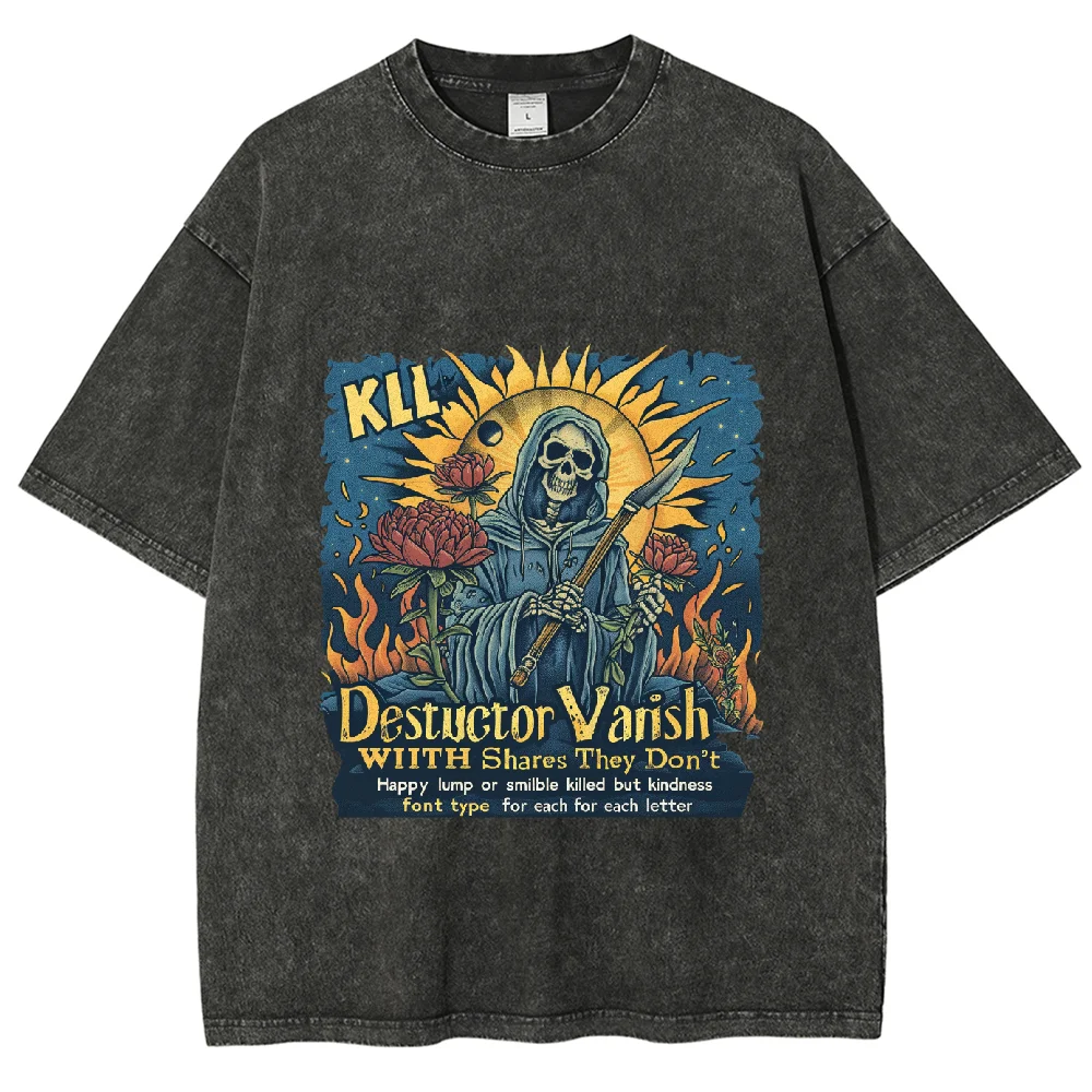 

Skull Washed Vintage Oversized Destuctor Vanish Print T-shirt Unisex, Streetwear Short Sleeve T-shirt Plus Size