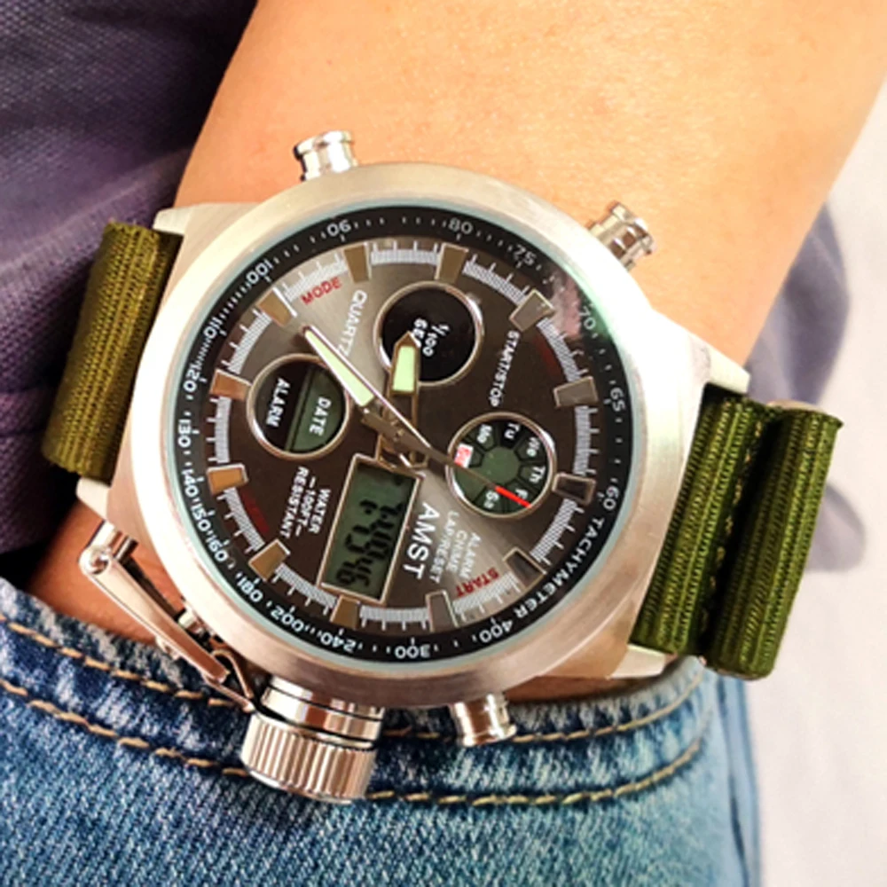 AMST Orologio Uomo Militare Con Doppio Display Analogico-Digitale, LED, Cronografo, Sveglia, Calendario, Cinturino In Pelle, Movimento Giapponese