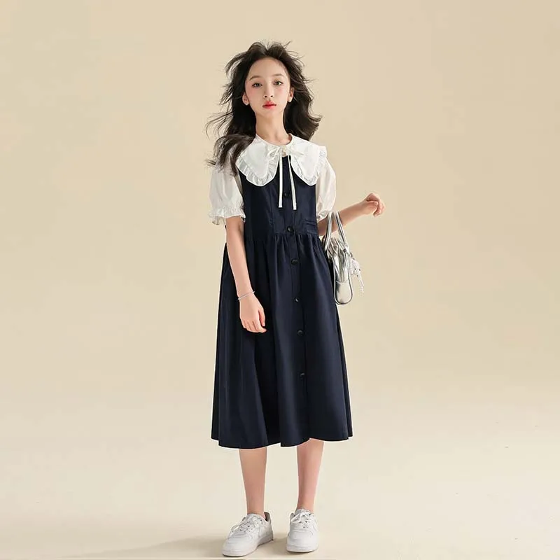 

Summer Children Girl 2PCS Clothes Set Teenager Girl Peter Pan Collar Short Sleeve Tops+Suspender Skirt Students Clothes Sets