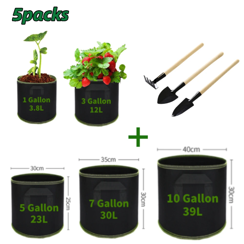 5Pcs 3/4/5/7/10 Gallon Felt Grow Bags Gardening Fabric Grow Pot