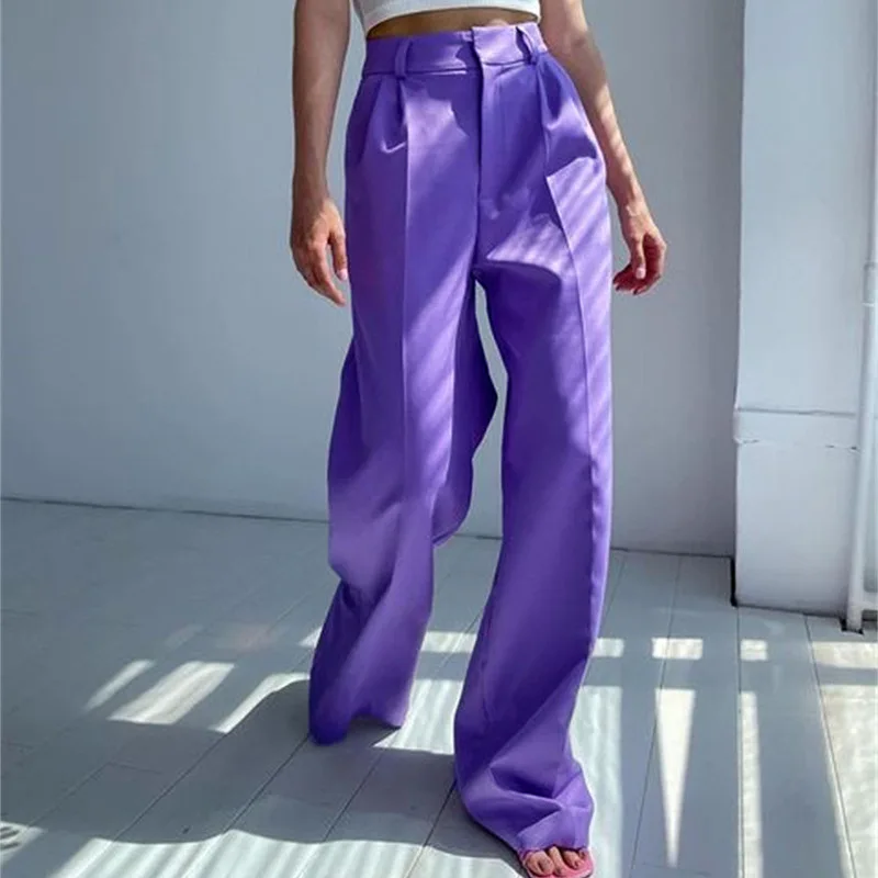 Blue Office Women'S Pants 2024 Fashion Loose Full Length Ladies Trousers Casual High Waist Wide Pants For Women