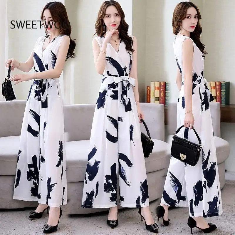 

Women's Chiffon White Jumpsuit Summer 2022 New Printing Fashion Overalls Ankle-Length Pants Wide Leg Strap Women Elegance Outfit