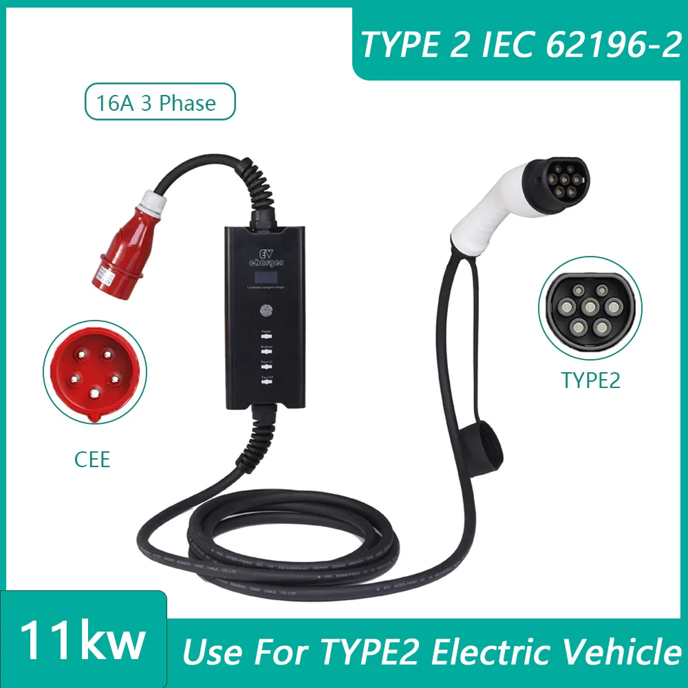 

11KW 16A EV Portable Charger Type2 EVSE Charging Box Electric Car Charger Red CEE Plug IEC62196-2 Electric Vehicle Charger