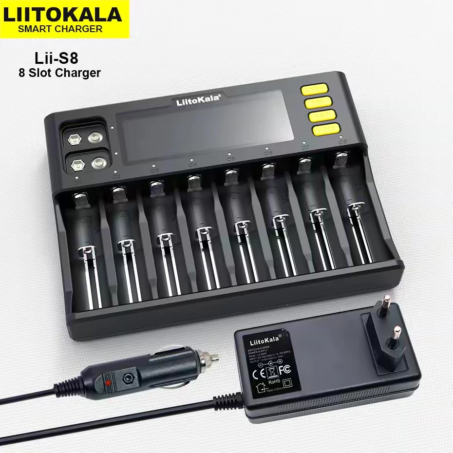 Battery Charger LiitoKala Lii-S8 (8 Slots) & Lii-S12 (12 Slots) Chargers + 2&times;9V Adapters Universal for Li-ion/NiMH/AA/AAA/18650/9V Smart LCD