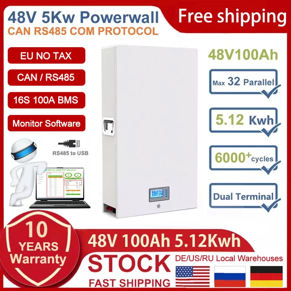 

New 48V Powerwall 51.2V 100Ah 200Ah 5.12Kw 10.24Kw LiFePO4 Battery Pack 6000 Cycles Max 32 Parallel Built-in 16S 100A BMS EU NO