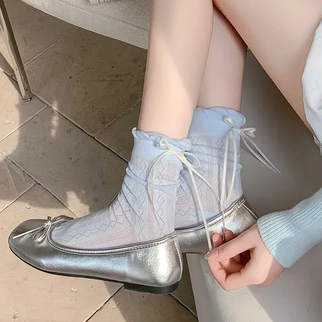 Calzini per donna stile coreano nuovi calzini sottili Sweet Lolita tinta unita carino fiocco traspirante calzini lunghi moda giapponese maglia femminile 4
