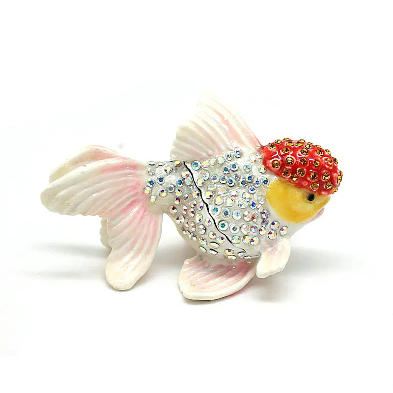 SHINNYGIFTS Enameled Hinged Fish Trinket Box Czech Crystal Bejewled Metal Craft Fish Figurine for Home Decoration
