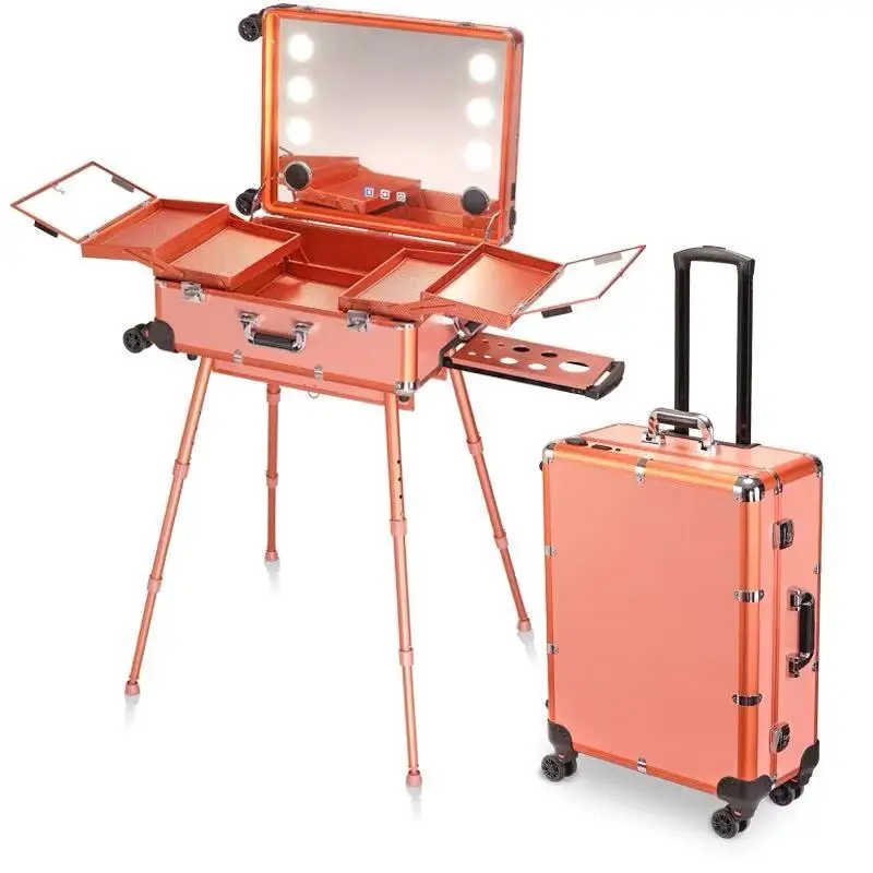 Travel Luggage Professional Rolling Cosmetic Case Beauty Makeup Trolley LED Light Mirror Aluminum frame Folding table