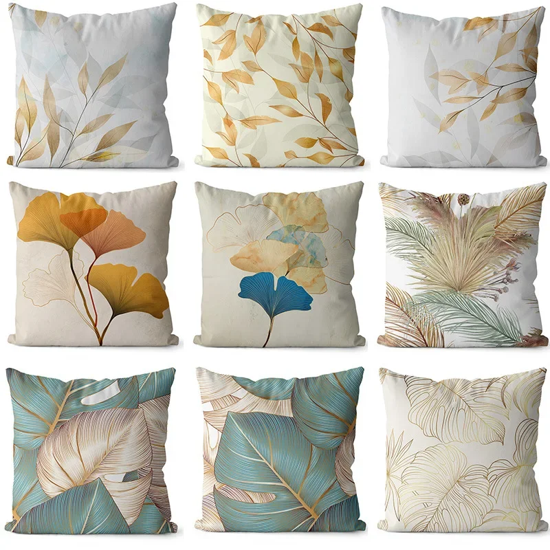 

Gold Ginkgo Leaf Pillow Cover Polyester Peach Skin Printed Cushion Sofa Home Decor Square Waist Cojines Boho Silk Pillowcase