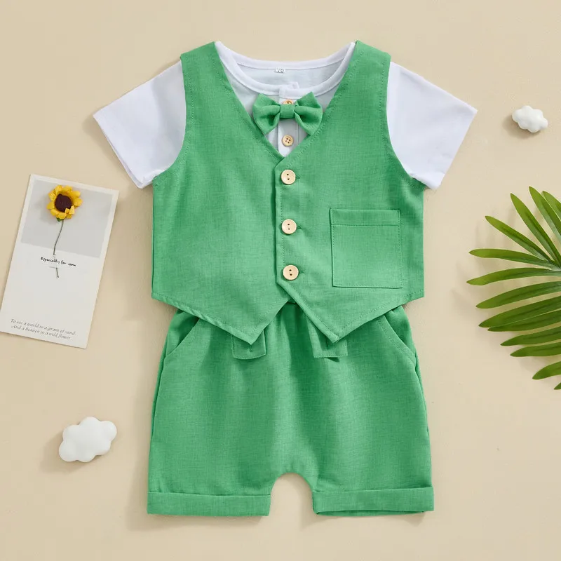 

Newborn Baby Boy Gentleman Set Summer Clothes Short Sleeve Button T-Shirt with Suspender Shorts and Waistcoat Baby Clothing