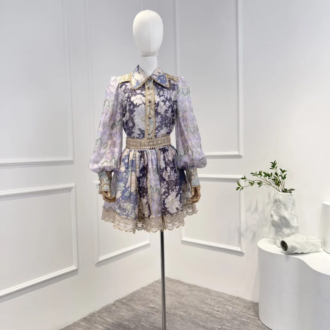 2022 Autumn Top Quality Linen Silk Purple Baroque Floral Printing