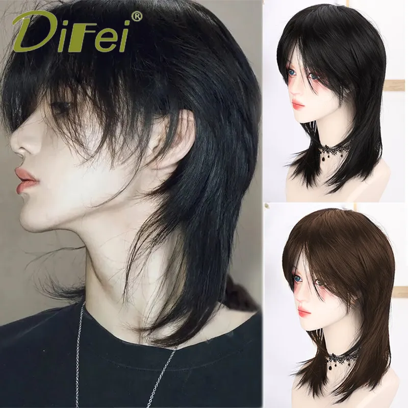 DIFEI Synthetic Cosplay Wig Mullet Head Wig Natural Black Red Gold High Quality Wig For Boy Short Short Straight Wolf Tail Fake