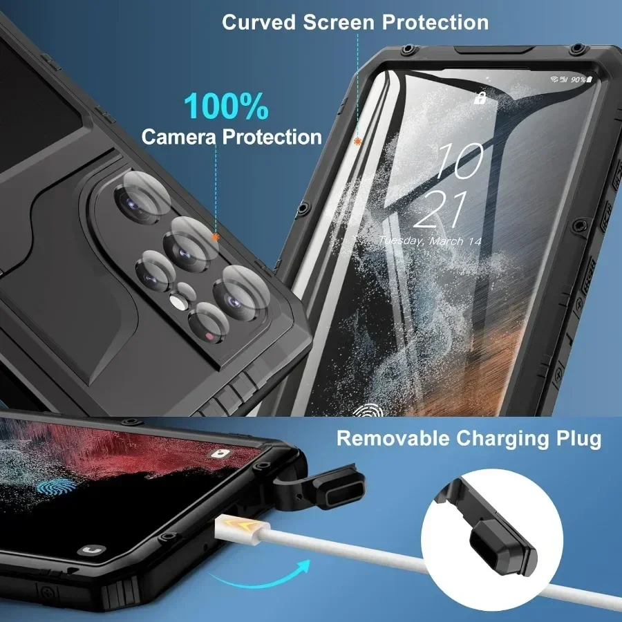 IP68 Heavy duty waterproof metal case for Samsung S22 Ultra S23 Plus full dust and shock cover with screen protector holder