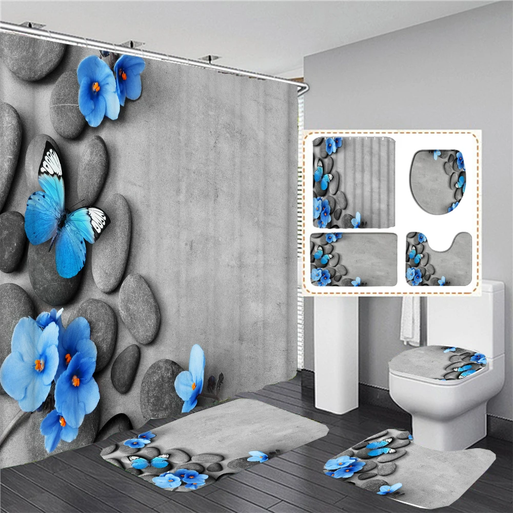 

Butterfly Blue Shower Curtains Waterproof Floral Bathroom Curtain Fabric Decoration Bath Mat Set Toilet Carpet WC Accessories
