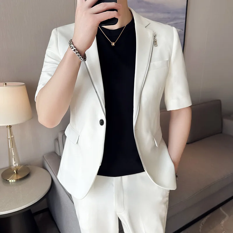 Summer Zipper Decoration Blazers Men Casual Business Suit Jacket Slim Fit 3/4 Sleeve Streetwear Social Jacket Men Clothing
