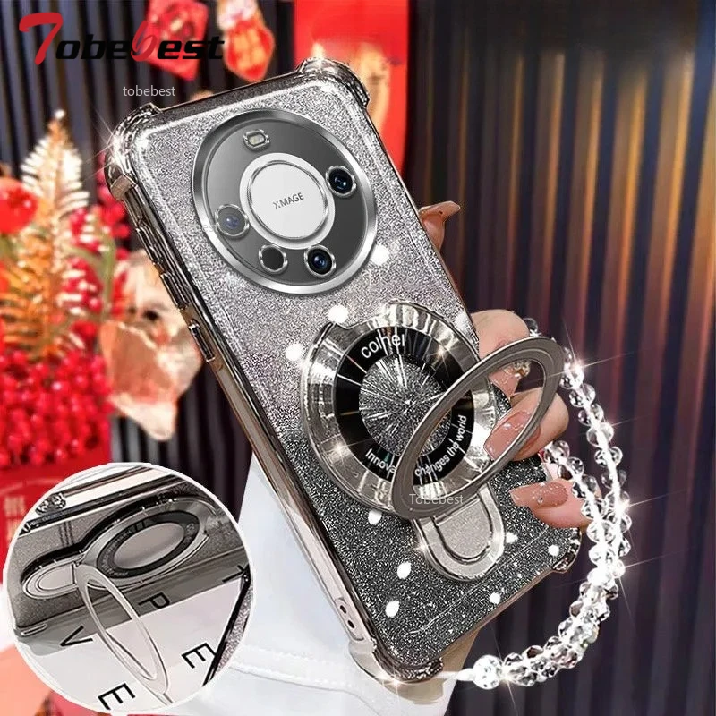 Glitter Plating Shockproof Magnetic Holder Phone Case with Bracelet Cover