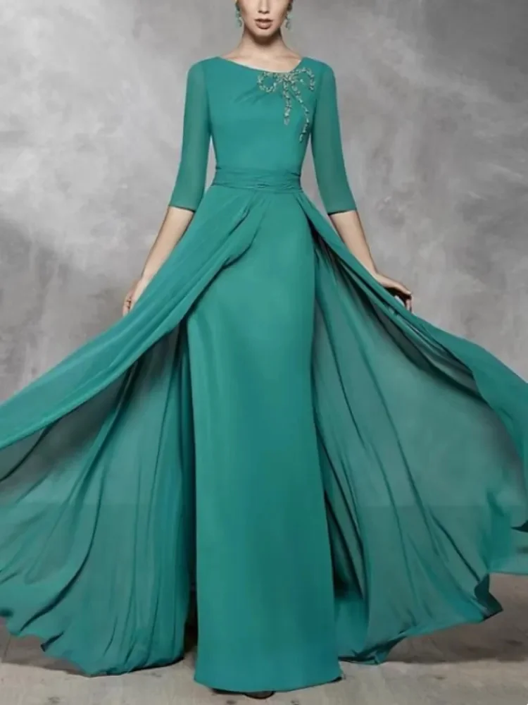 

Simple V-Neck Half Sleeve Mother of the Bride Dresses For Weddings Custom Made Ankle Length with Pleats