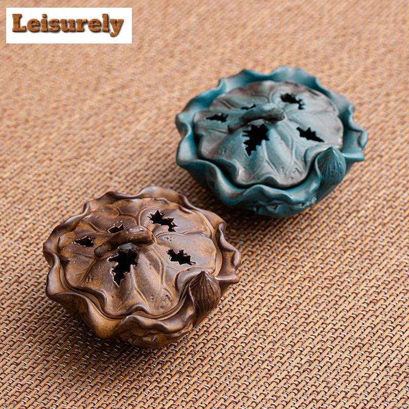 Retro Lotus Ceramic Incense Burner Zen Censer Burner Holder With Cover Small Plate Incense Stand Desktop Decoration Tea Ceremony