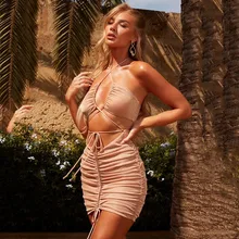 

Hollow Out Drawstring Halter Bodycon Women's Party Dresses Backless Bandage Shiny Ruched Dress Sexy Female Clothing 2021