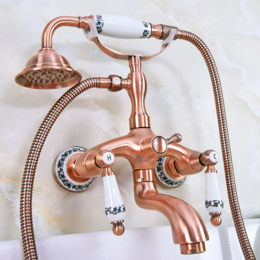 

Antique Red Copper Double Handle Wall Mounted Bathroom Bath Tub Faucet Set with 1.5M Hand Held Shower Spray Mixer Tap 2na315