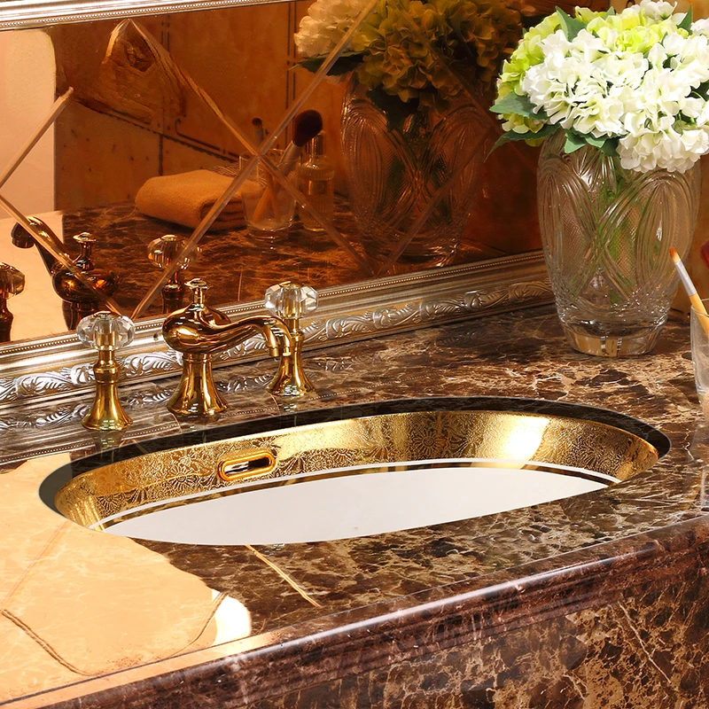 

European Drop-in Sink Oval Embedded Golden Wash Basin Wash Basin Bathroom Washbasin Artistic Ceramic Wash Basin hot sale