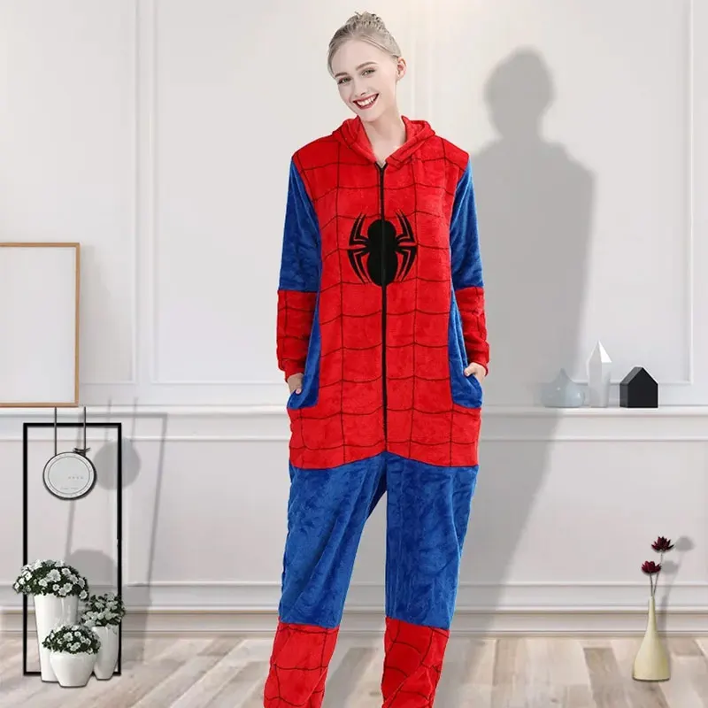 

Flannel Spiderman Pajamas Adult Children Spider Man Costume Clothes One-piece Nightgown Home Hooded Sleepwear Jumpsuit Pijama