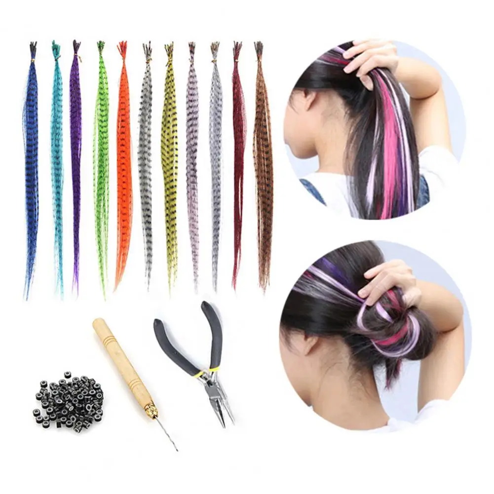 50pcs Multicolor Synthetic Hair Feathers For Hair Extensions DIY Micro Beads Hairpiece Kit Women Feathers Extensions Tools