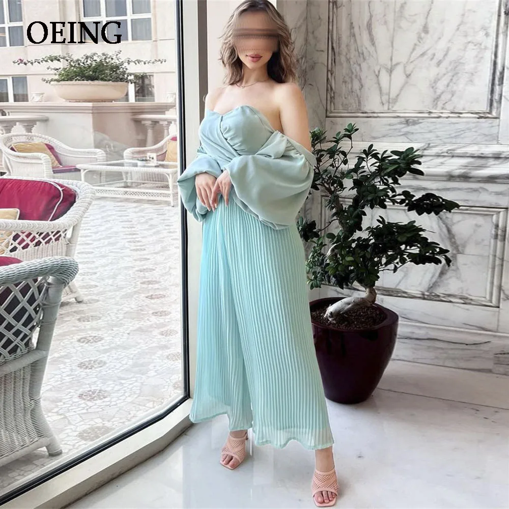 

OEING Tiffany Blue Prom Dresses Strapeless Evening Dress Ankle Length Puff Sleeves Party Vestidos De Noche Formal Occasion Gown