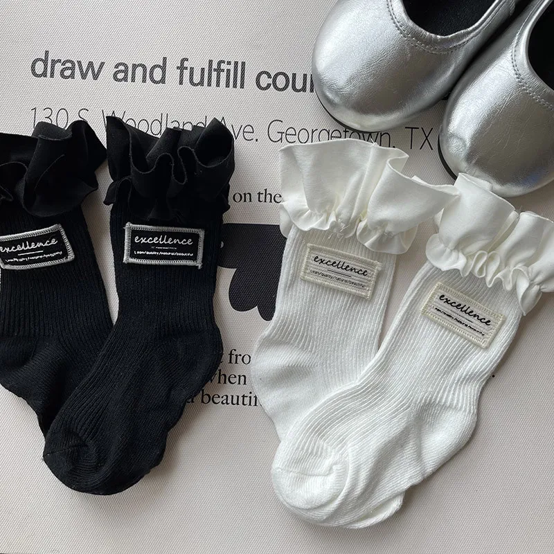 Children Girls Lace Lolita Kids Calf Socks Korean Black White Ruffle Socks for Baby Kids Soft Cotton Spring Frilly School Socks