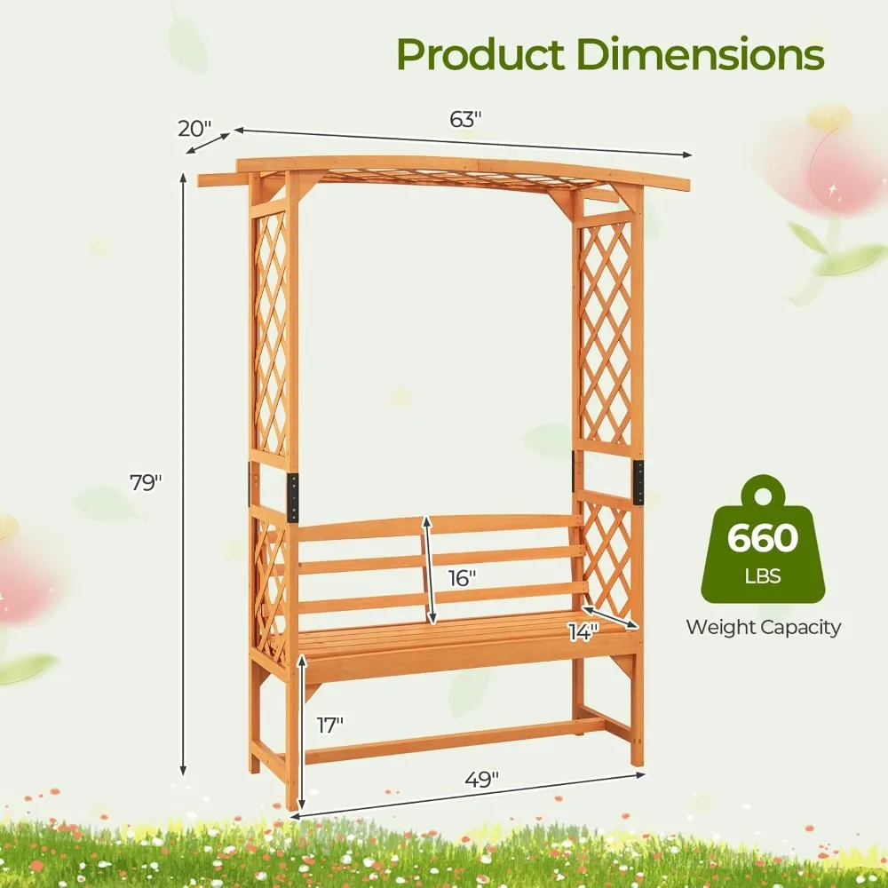 Garden Arch Trellis with Bench - 63''W x 79''H Wooden Arbor with 2-Person Outdoor Bench, Garden Arbors Archway Pergola for Clim