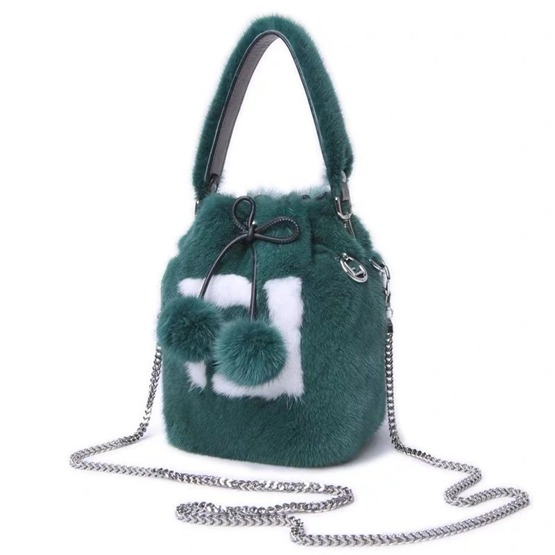 Fashion Women's Fur Bag High Quality Natural Mink Fur Round Bucket Bag Drawstring Closed Winter Shoulder Fur Bag