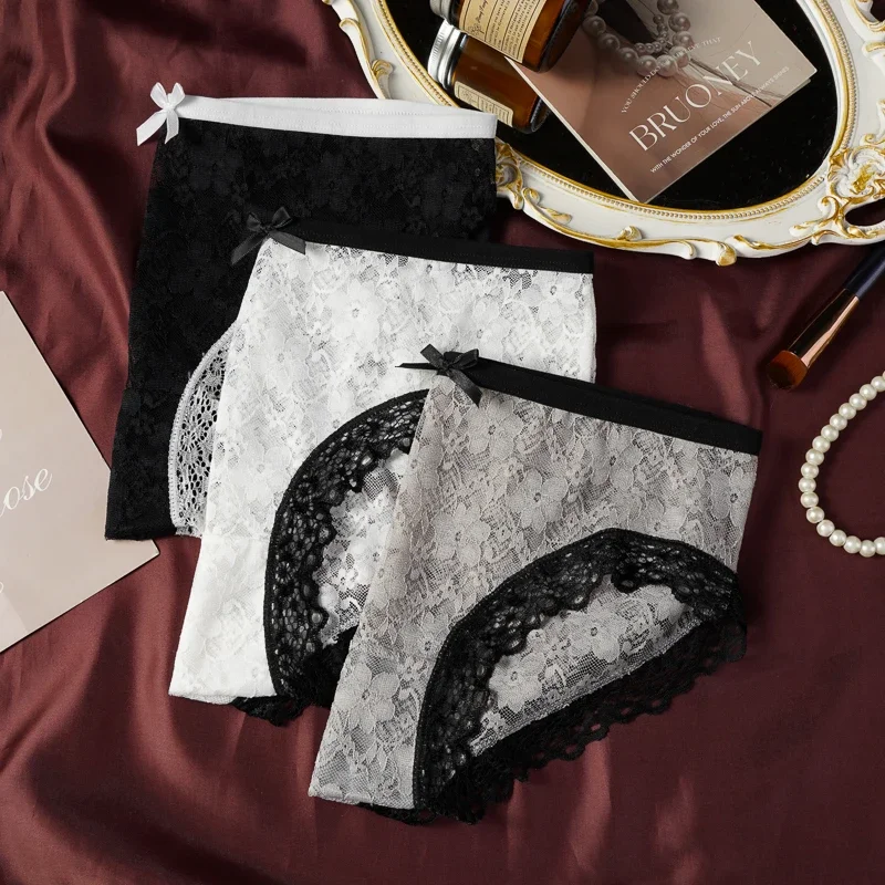 3 Pcs Sexy Lace Panties Seamless Low Waist Ultra-thin Transparent Bow Ladies Briefs Japanese Sweet Girl Panties L-XL