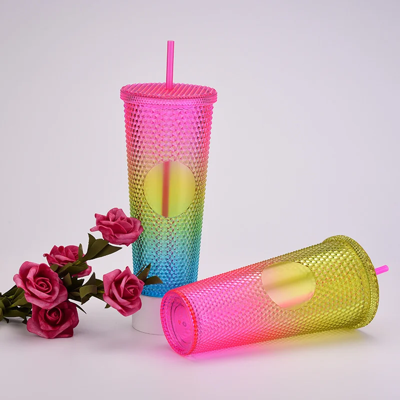24Oz Matte Glow Inlaid Cup Plastic Coffee Cups With Straw Lids Double Wall Gradient Durian Cup Large Capacity Drinking Cup