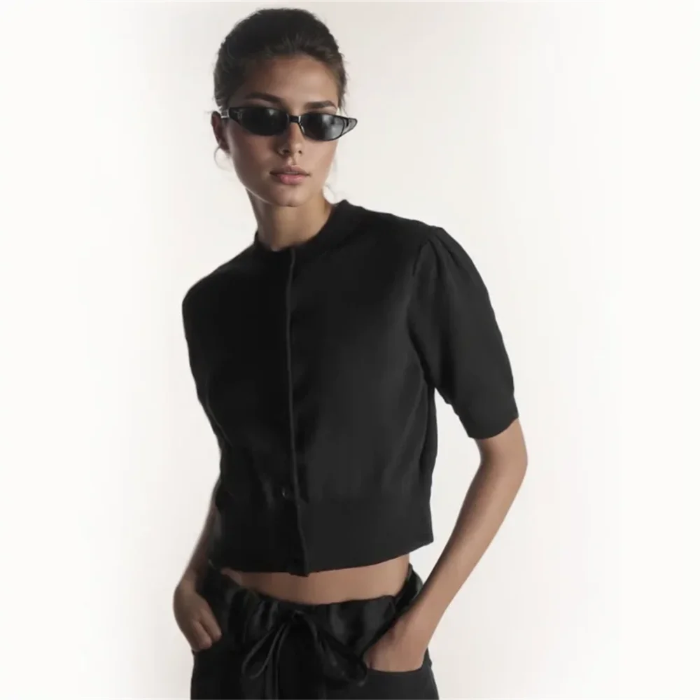 

Cos Lris 2024 Summer New Women's Style Slim Fit Round Neck Single breasted Short Solid Color Cardigan