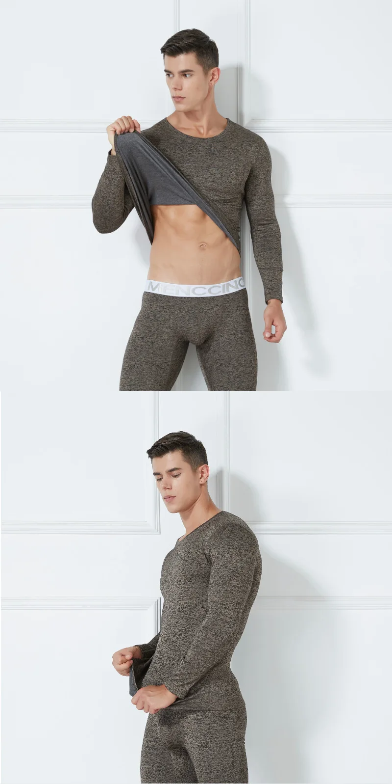 Set Autumn Winter Thermal Underwear Men's Round Neck Plush Thickened Warm Underwear Youth Tight Fashion Clothe Top and Pant Suit
