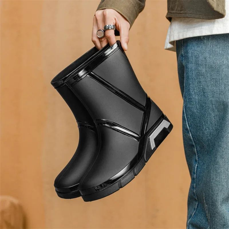 Bottes de pluie homme mi-mollet doublées polaire pêche extérieur étanches chaussures gel