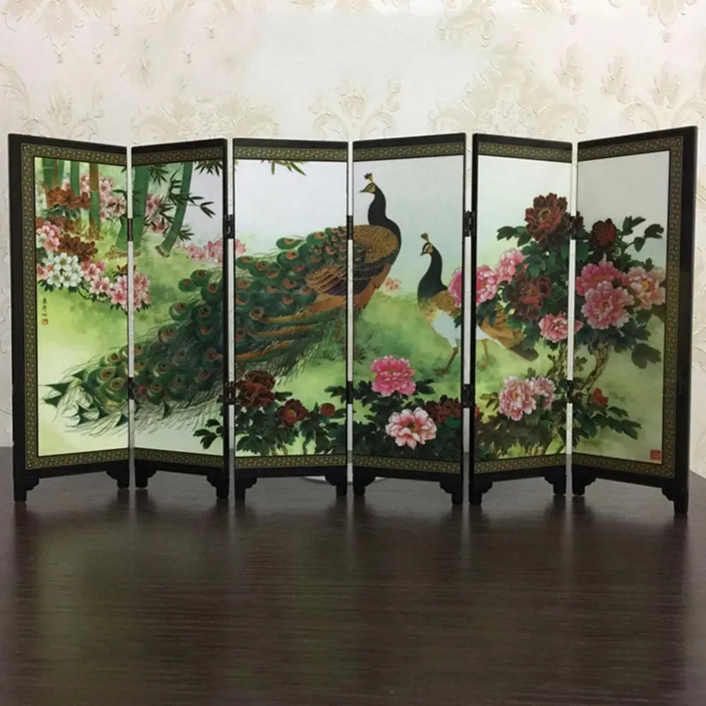 6-Panel Peacock Screen Folding Wooden Room Divider Partition Gift Desktop Decor