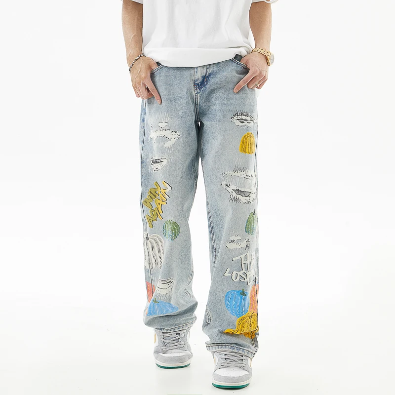 

Men's trend personality loose straight wide-leg trousers street hip-hop printed jeans casual retro high-end washed trousers