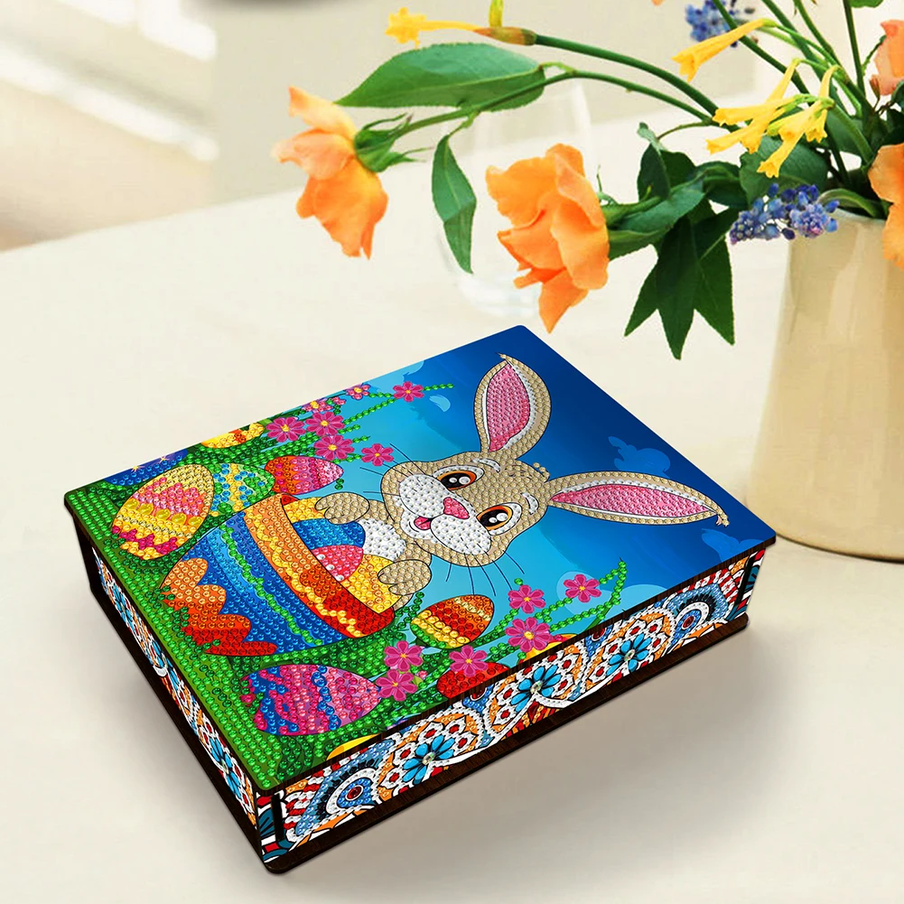 목재 DIY 다이아몬드 페인팅 보관 정리함 컨테이너 키트, 토끼 부활절 달걀, 특별한 모양의 다이아몬드 아트 주얼리 보관 케이스
