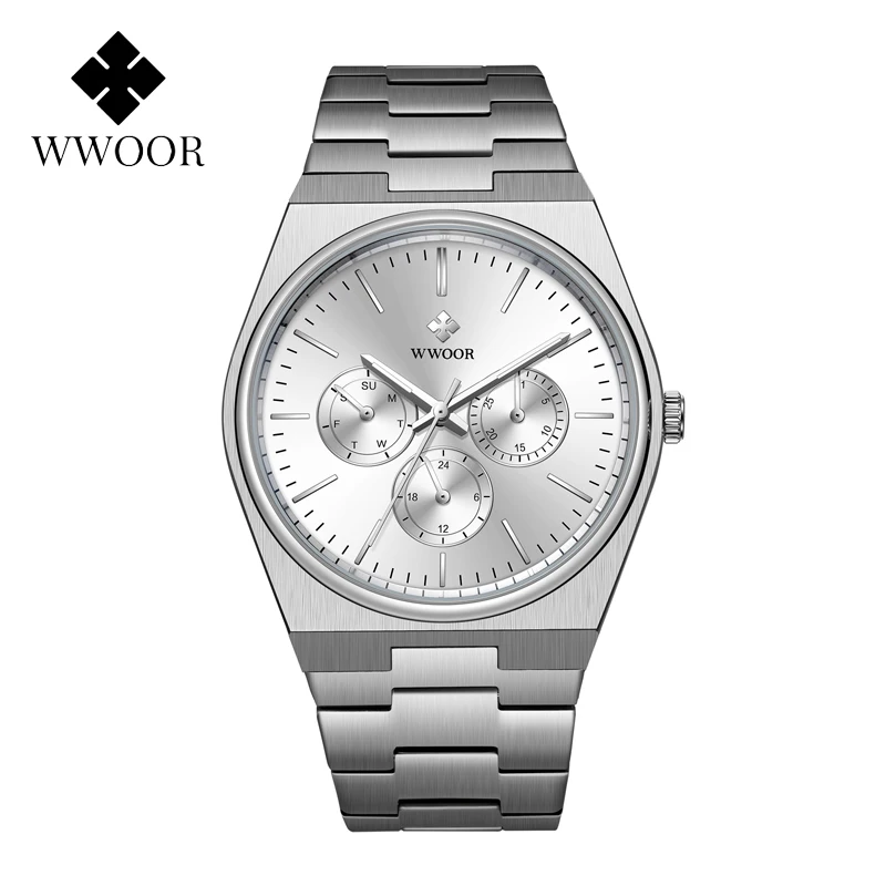 WWOOR Men's Watch 316L Stainless Steel Sapphire Quartz Watches Male Luxury Waterproof Luminous Week Date Display Watch for Men