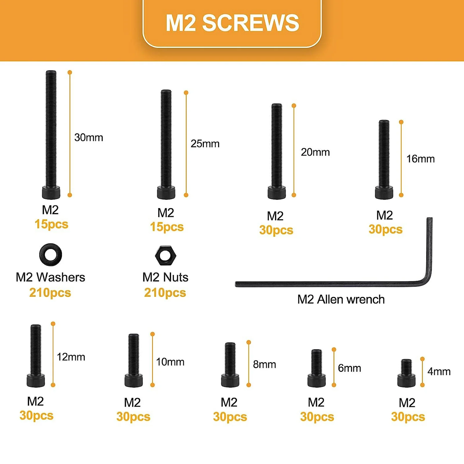 육각 소켓 헤드 볼트 너트 와셔 모음 키트, M2 나사 세트, M2 x 4, 6, 8, 10, 12, 16, 20, 25, 30mm, 12.9 등급 합금강, 660 개