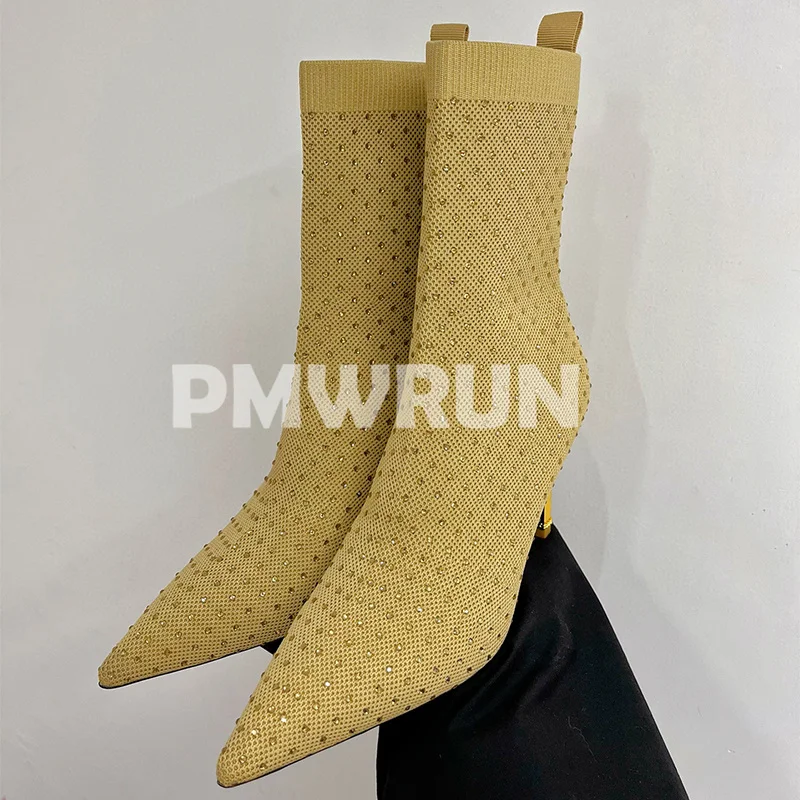 

Women Short Boots Spring Autumn Rhinestone Decor Solid Color Pointed Head Female Boots Fashion Versatile High Heel Shoes 35-40