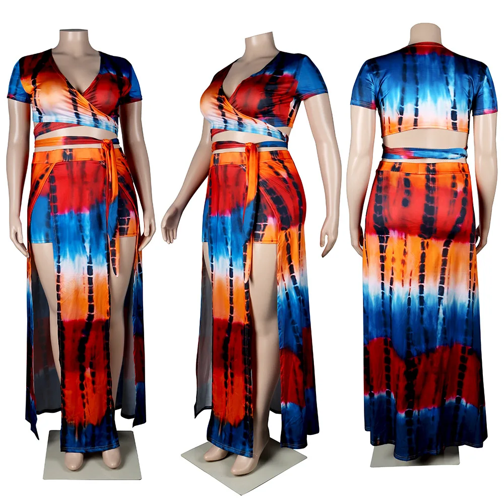 Plus Size Women Sets Tie Dye Floral Bandage Shirts And Pants 2022 Summer Two Piece Set Fashion Female Bodycon Wholesale Clothes