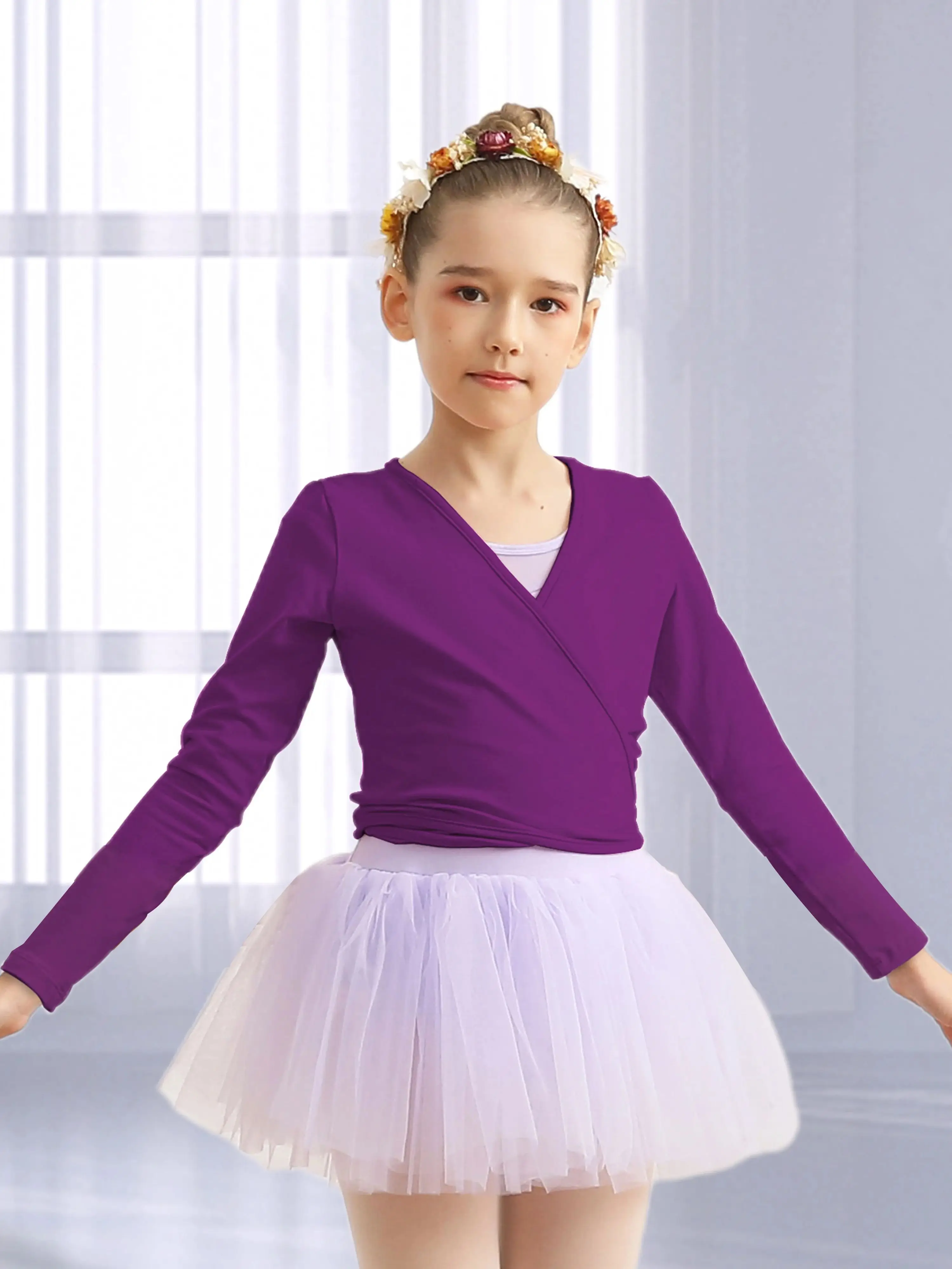 Ballett-Wickeloberteil für Mädchen, langärmelige Tanz-Strickjacke für Kleinkinder, selbstbindende Taille – Detail 3