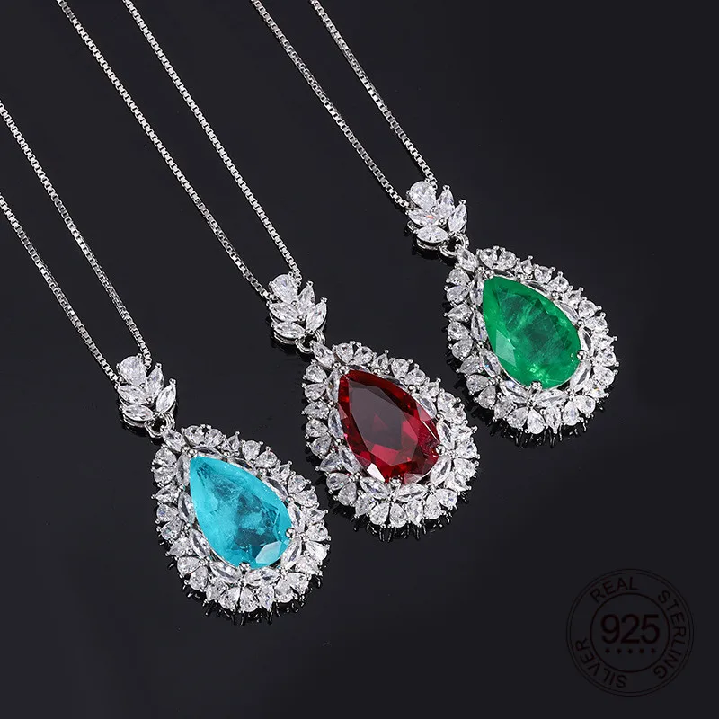 

925 Silver Zircon Jewelry 10x16mm Waterdrop Shape Red Ruby Imitation Green Emerald Blue Paraiba Gemstone Pendant Necklace