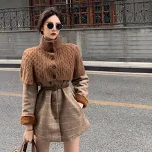  Woolen Overcoat Women Vintage Autumn Winter Full  Plaid Thickened Keep Warm O-Neck Single Breasted Sweater 2 Pic Set Mori Girl 