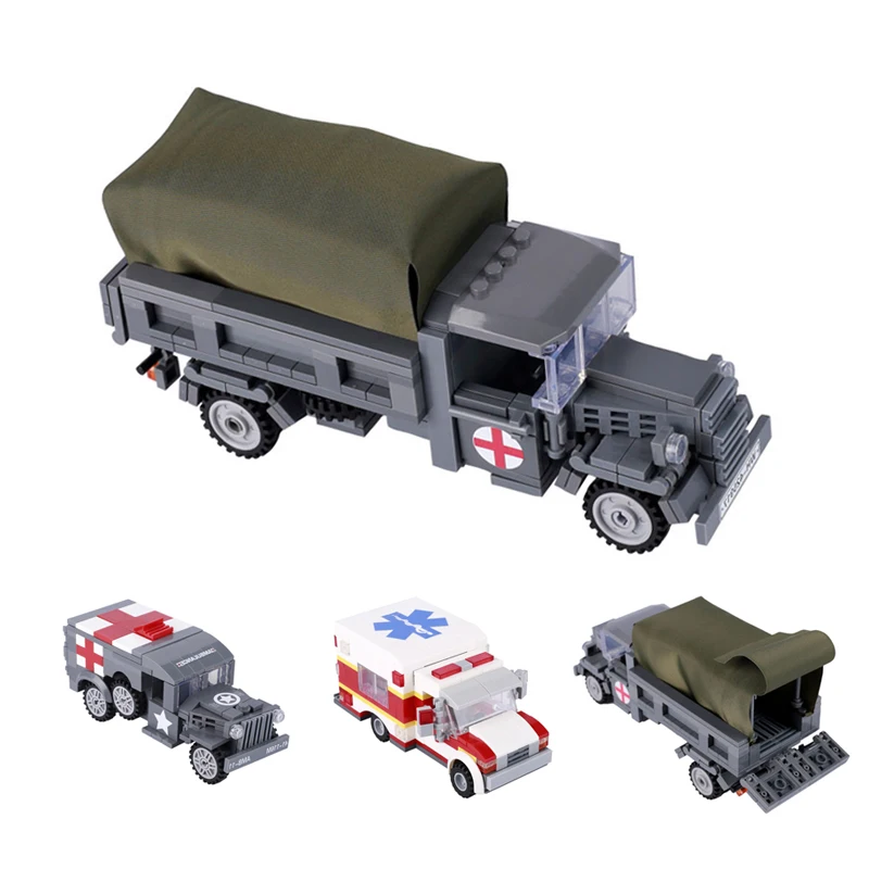 

WW2 Military Truck MOC City Geman Ambulance Building Block American Medical Vehicle DIY Brick Assembly Toy Boy Birthday Gift