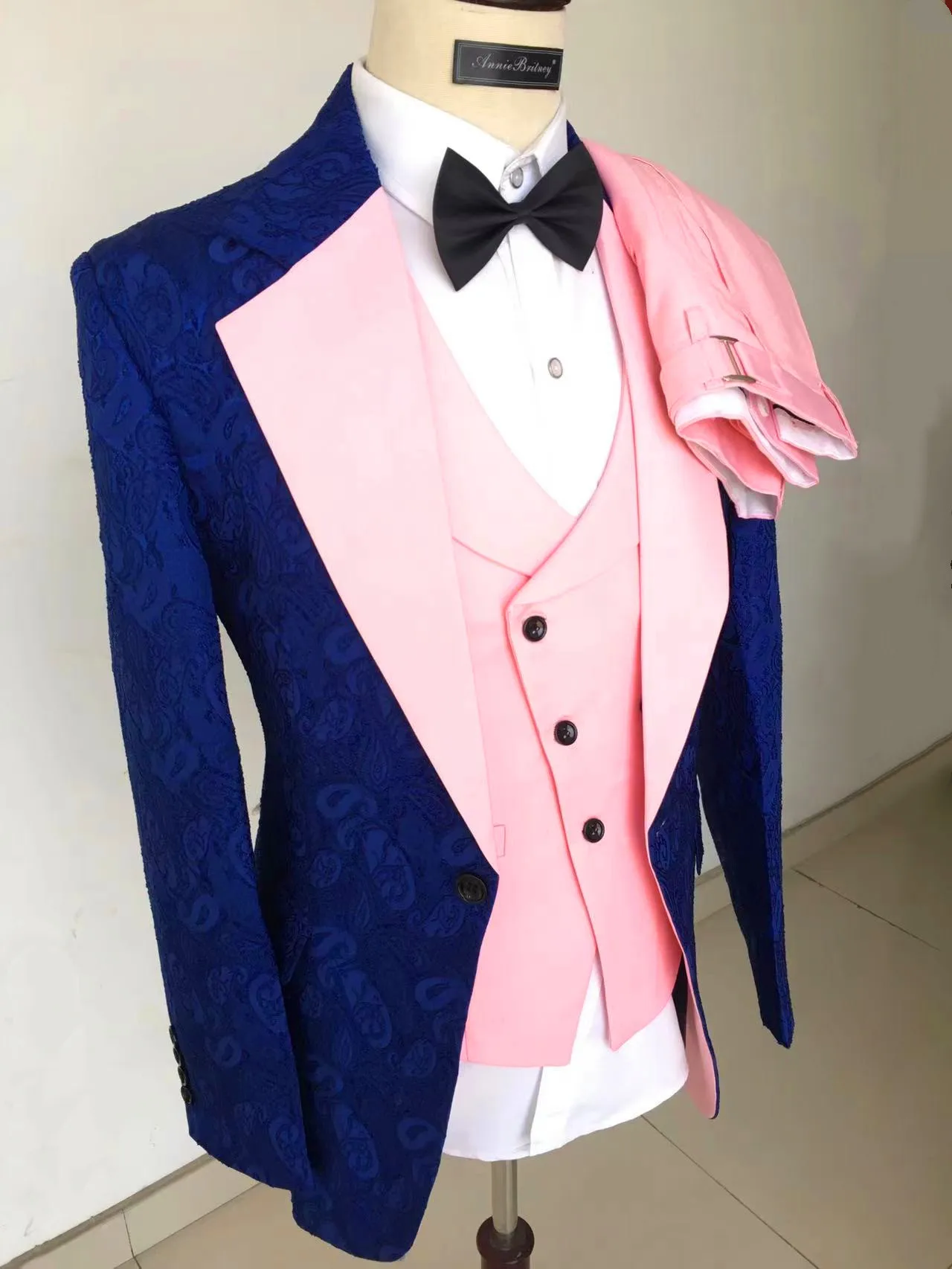 Professional high-end jacquard blue with gray wedding suits men formal groom slim fit 3 piece fashion classic busine