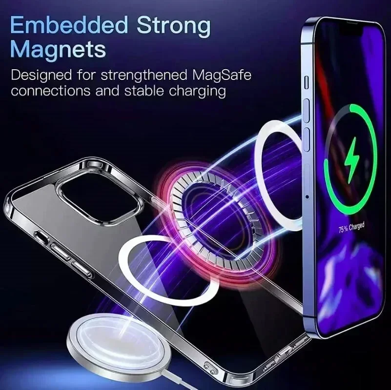For Magesafe Magnetic Transparent Wireless Charge Case For iPhone 11 12 13 14 15 Pro Max Plus Mini X 7 8 SE Shockproof PC Cover view 6