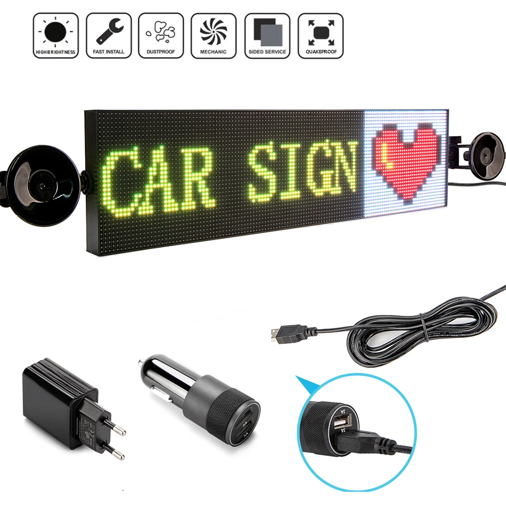 12V P4 Car Led Sign Display RGB Full Color Smartphone Programmable Scrolling Message Board Multi-Language Led Sign Screen 52CM